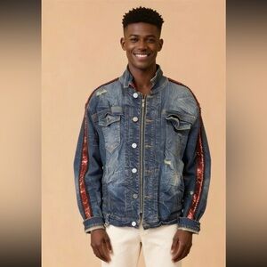 Smuggler's Moon by Priva Distillery, denim jacket with red sequined detail
